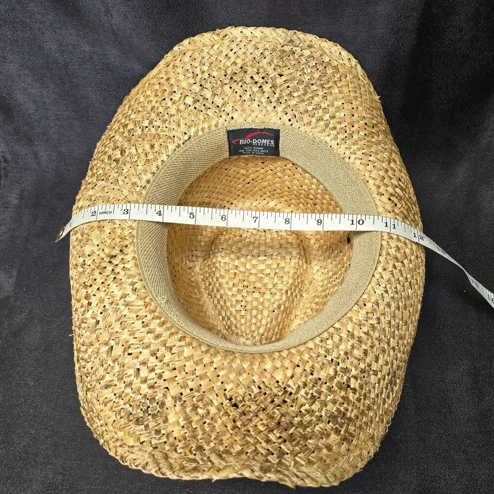Bio Domes Headgear Tan Straw Wide Brim Cowboy Hat Beaded Country Decor One Size